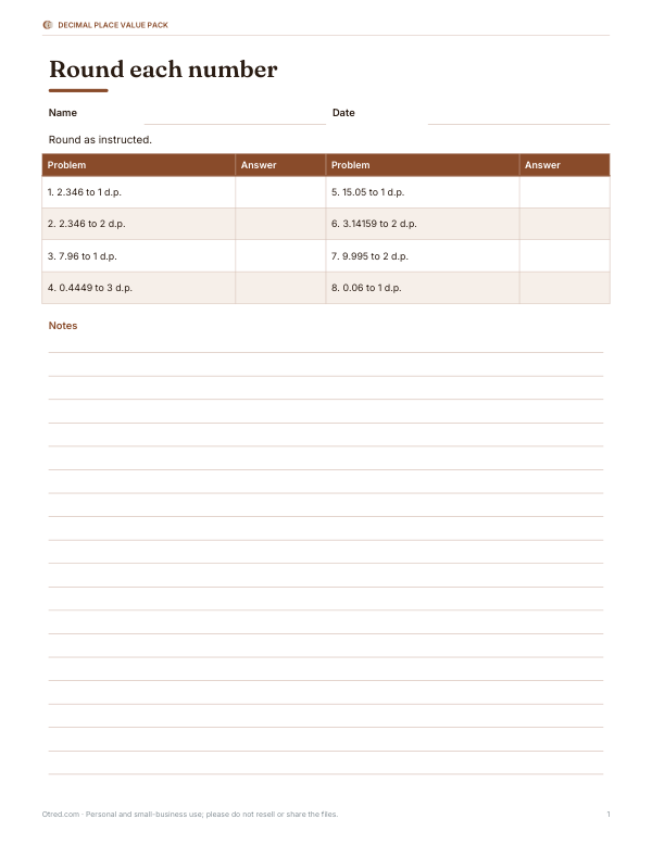 Preview of Printable Decimal Rounding Worksheet